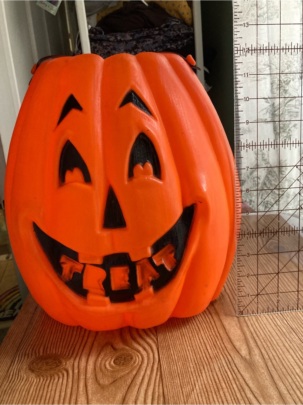 Vintage Halloween Blow Mold Pumpkin Smile Trick or Treat With Handle 12” Tall